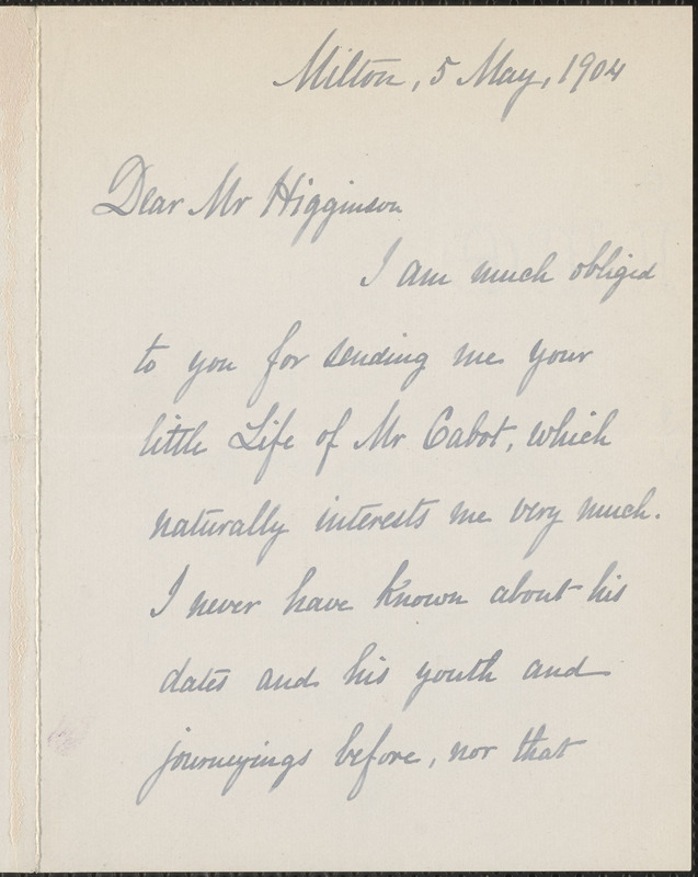 Ellen Tucker Emerson autograph note signed to Thomas Wentworth Higginson, Milton, Mass., 5 May 1904