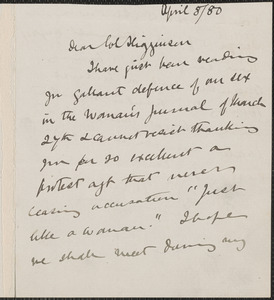 Emily Faithfull autograph letter signed to Thomas Wentworth Higginson, [Peterboro, N.H.], 8 April 1880