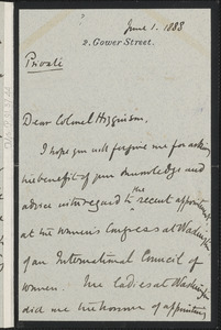 Dame Millicent Garrett Fawcett autograph letter signed to Thomas Wentworth Higginson, London, 1 June 1888