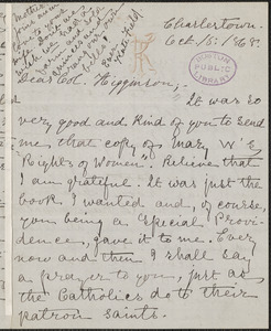Kate Field autograph letter signed to Thomas Wentworth Higginson, Charlestown, Mass., 15 October 1868