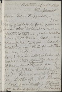 Kate Field autograph letter signed to Mary Elizabeth (Channing) Higginson, Boston, 5 April 1869