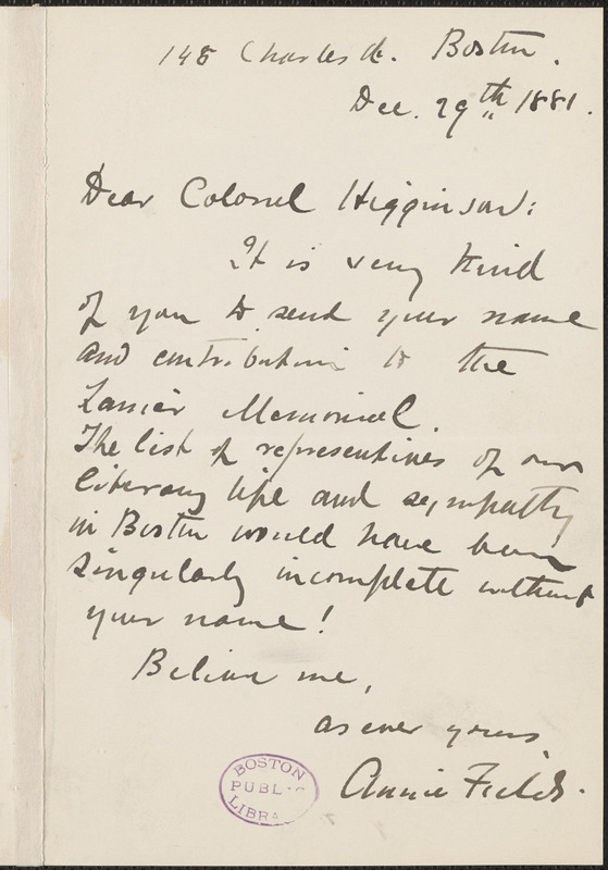 Annie Fields autograph note signed to Thomas Wentworth Higginson, Boston, 29 December 1881