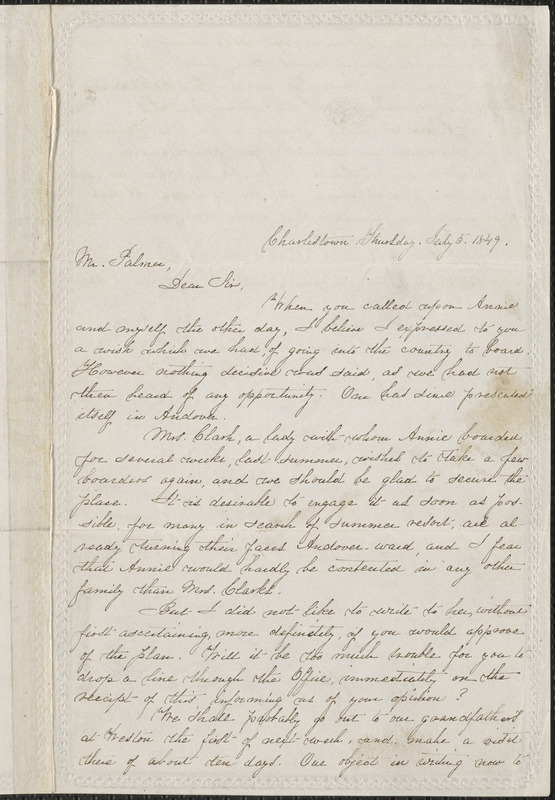 Helen M. Fiske autograph letter signed to Julius A. Palmer, Charlestown, Mass., 5 July 1849