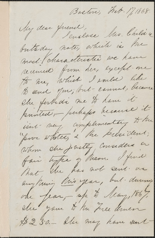 Charlotte L. Forten autograph letter signed to [Thomas Wentworth Higginson], Boston, 17 February 1868