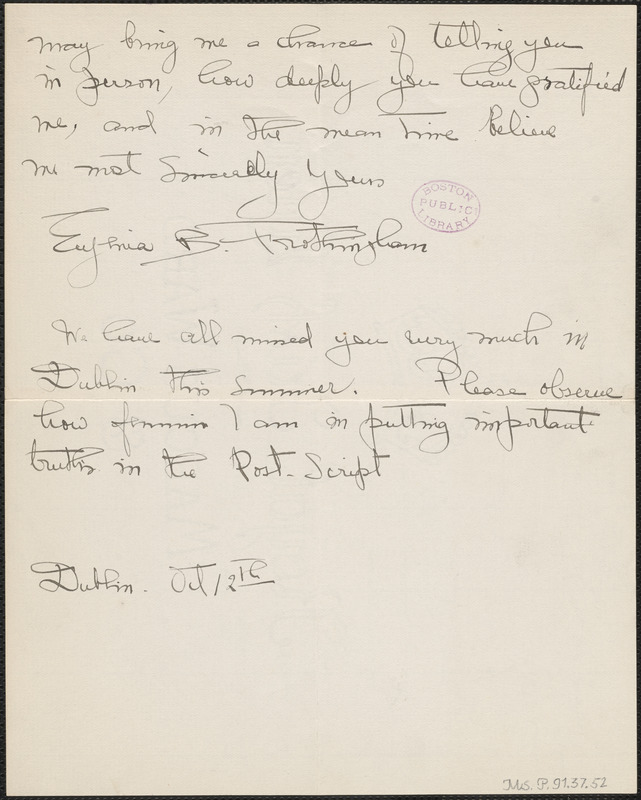 Eugenia Brooks Frothingham autograph letter signed to Thomas Wentworth Higginson, Dublin, N.H., 12 October