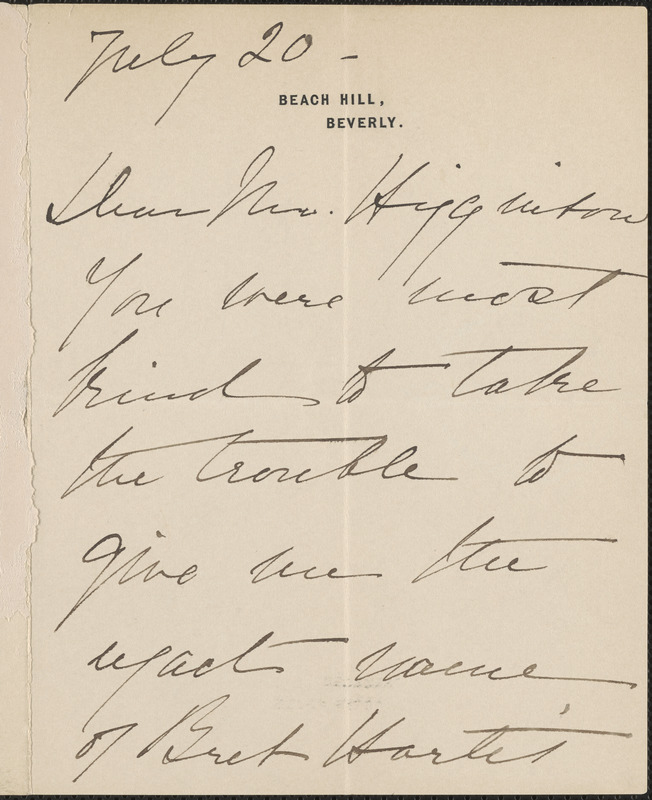 Isabella Stewart Gardner autograph note signed to Thomas Wentworth Higginson, Beverly, Mass., 20 July