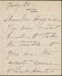 Isabella Stewart Gardner autograph note signed to Thomas Wentworth Higginson, Beverly, Mass., 20 July