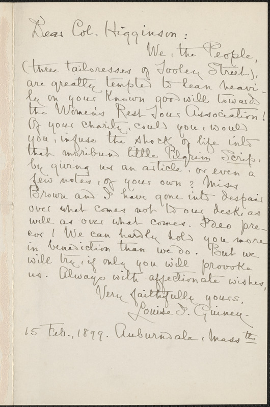 Louise Imogen Guiney autograph note signed to Thomas Wentworth Higginson, Auburndale, Mass., 15 February 1899