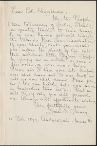 Louise Imogen Guiney autograph note signed to Thomas Wentworth Higginson, Auburndale, Mass., 15 February 1899
