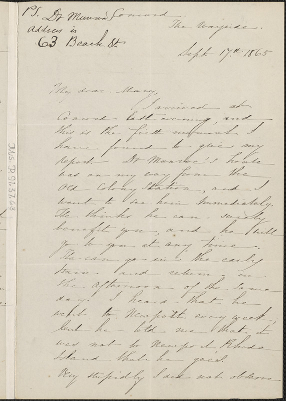 Sophia Peabody Hawthorne autograph letter signed to Mary [Elizabeth (Channing) Higginson], Concord, Mass., 17 September 1865