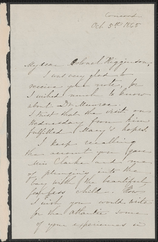 Sophia Peabody Hawthorne autograph letter signed to Thomas Wentworth Higginson, Concord, Mass., 5 October 1865