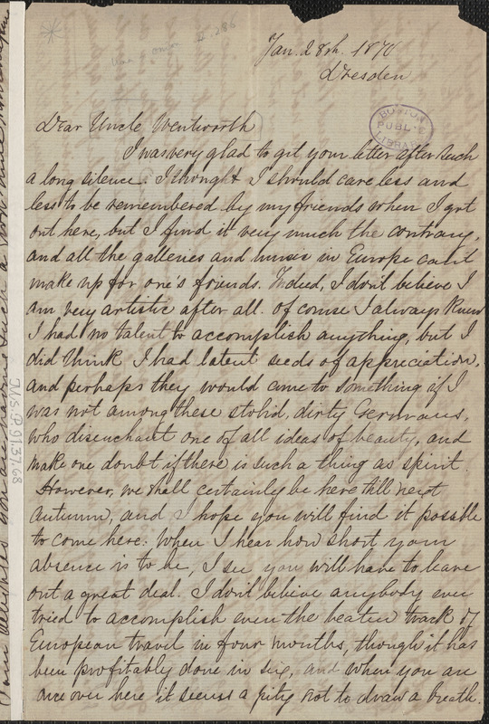 Una Hawthorne autograph letter signed to Thomas Wentworth Higginson, Dresden, Germany, 28 January 1870