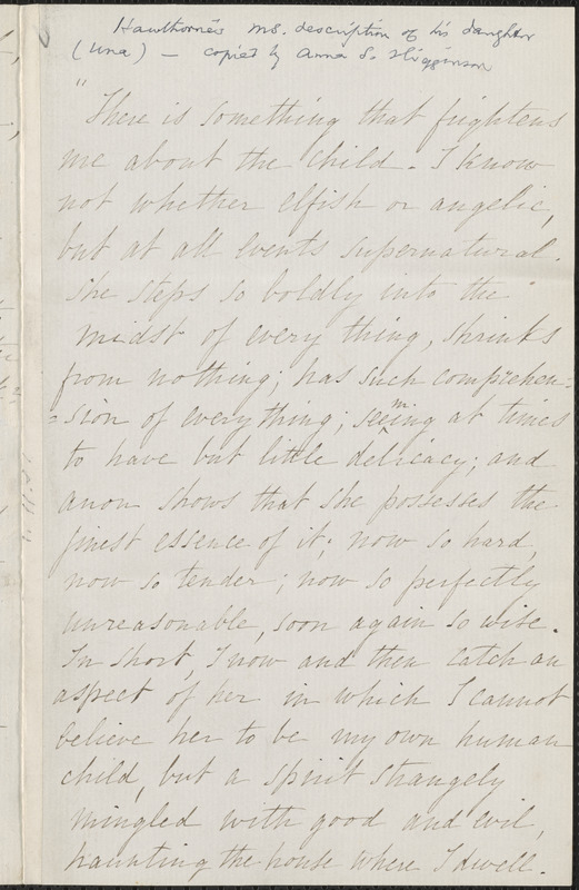 Nathaniel Hawthorne manuscript description of his daughter Una