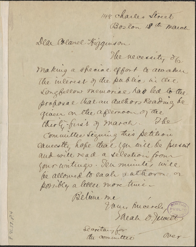 Sarah Orne Jewett autograph note signed to Thomas Wentworth Higginson, Boston, 18 March
