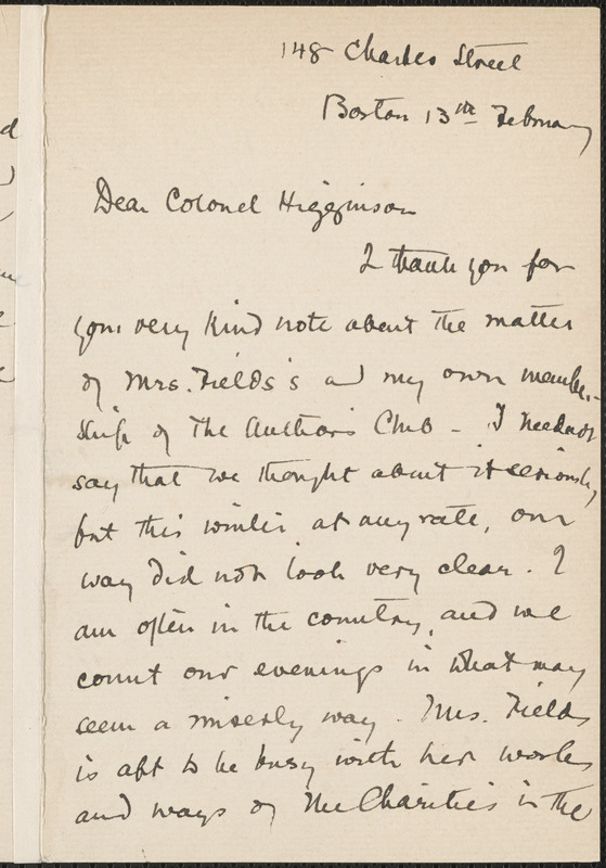 Sarah Orne Jewett autograph letter signed to Thomas Wentworth Higginson, Boston, 13 February