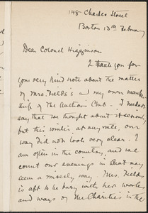 Sarah Orne Jewett autograph letter signed to Thomas Wentworth Higginson, Boston, 13 February