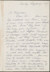 Lucy Larcom autograph letter signed to Thomas Wentworth Higginson, Beverly, Massachusetts, 19 August 1889
