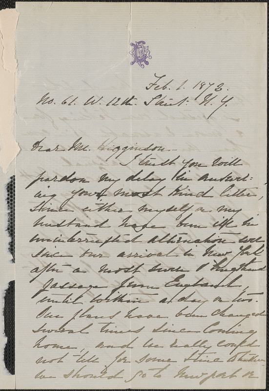 Rose Hawthorne Lathrop autograph letter signed to Thomas Wentworth Higginson, New York, 1 February 1872