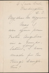 Florence P. Lea autograph note signed to Thomas Wentworth Higginson, Washington, DC, 26 January 1891