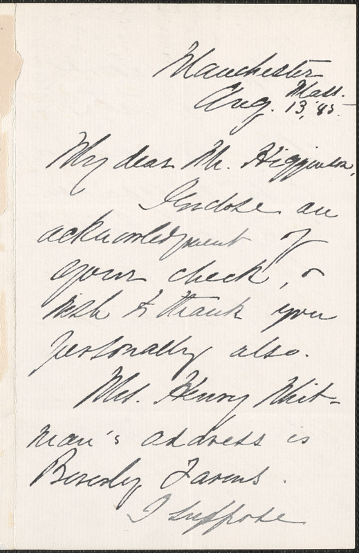 Alice M. Longfellow autograph letter signed to Thomas Wentworth Higginson, Manchester, Mass., 13 August 1885