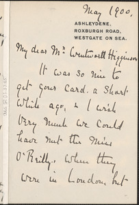 Charlotte McCarthy autograph letter signed to Thomas Wentworth Higginson, Westgate on Sea, England, May 1900