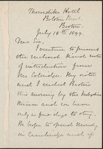 Lydia Manley autograph note signed to [Thomas Wentworth Higginson], Boston, 15 July 1899