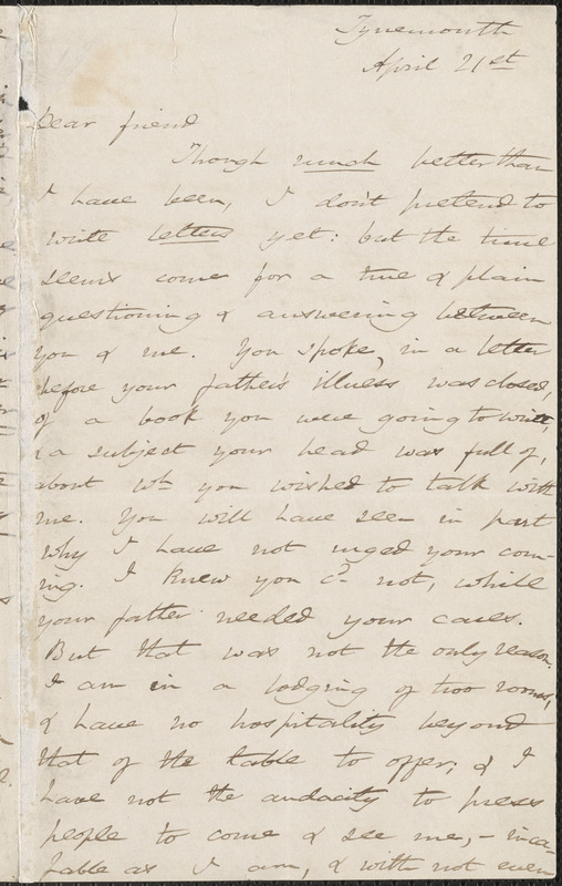 Harriet Martineau autograph letter signed to [Thomas Wentworth Higginson], Tynemouth, England, 21 April