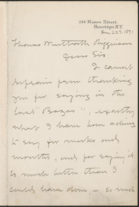 Harriet Mann Miller autograph letter signed to Thomas Wentworth Higginson, Brooklyn, 22 December 1891