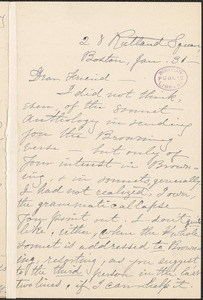 Louise Chandler Moulton autograph letter signed to Thomas Wentworth Higginson, Boston, 31 January