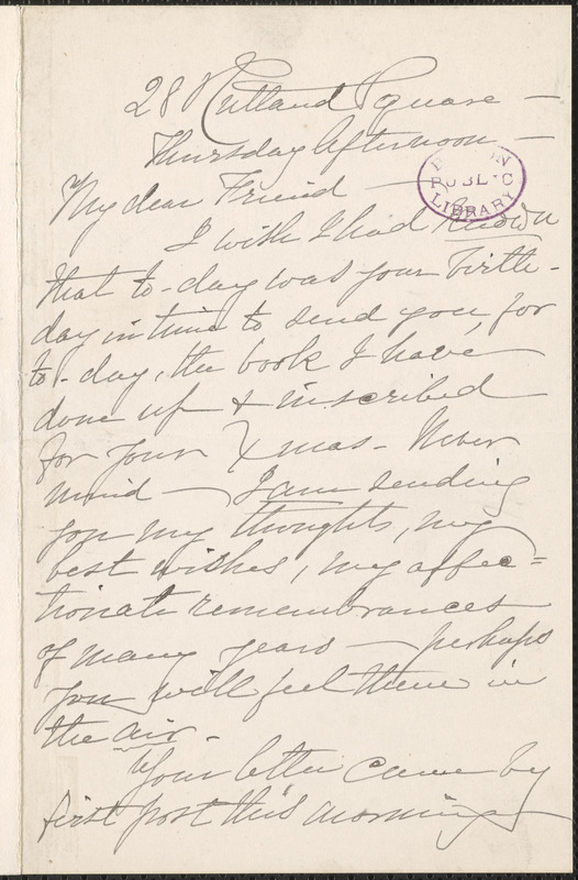 Louise Chandler Moulton autograph letter signed to [Thomas Wentworth Higginson], [Boston]