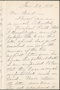 Louise Chandler Moulton autograph letter signed to Thomas Wentworth Higginson, [Boston], 20 January 1898