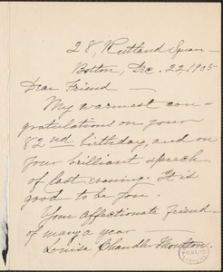 Louise Chandler Moulton autograph note signed to [Thomas Wentworth Higginson], Boston, 22 December 1905