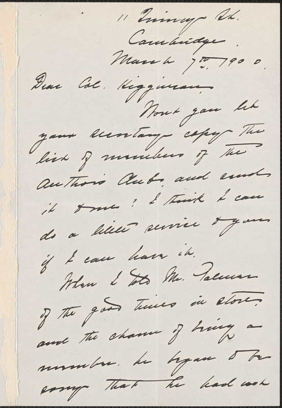 Alice Freeman Palmer autograph letter signed to Thomas Wentworth Higginson, Cambridge, Massachusetts, 7 May 1900
