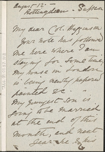 Juliet Creed Pollock autograph letter signed to Thomas Wentworth Higginson, Rottingdean, Sussex, England, 12 August