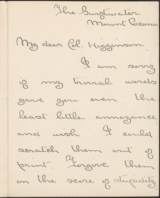 Agnes Repplier autograph letter signed to Thomas Wentworth Higginson, The Swiftwater, Mount Pocono