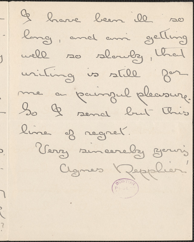 Agnes Repplier autograph letter signed to Thomas Wentworth Higginson, The Swiftwater, Mount Pocono