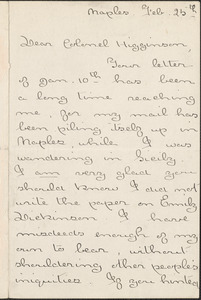 Agnes Repplier autograph letter signed to Thomas Wentworth Higginson, Naples, 25 February