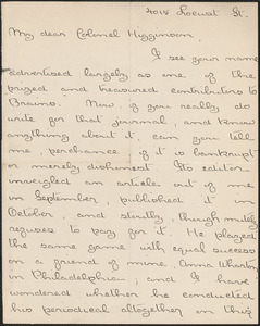 Agnes Repplier autograph letter signed to Thomas Wentworth Higginson, Philadelphia, 16 December 1891