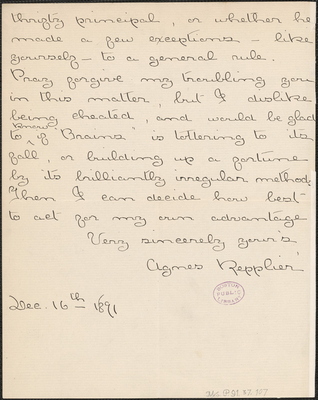 Agnes Repplier autograph letter signed to Thomas Wentworth Higginson, Philadelphia, 16 December 1891