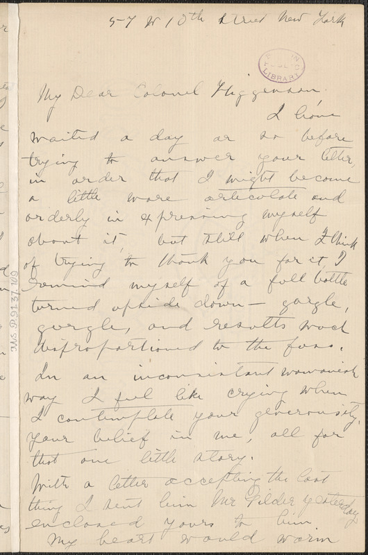 Viola Roseboro' autograph letter signed to Thomas Wentworth Higginson, New York, 15 March 1890