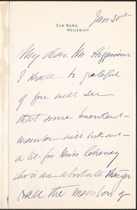 Kate Sanborn autograph letter signed to Thomas Wentworth Higginson, Wellesley, Mass., 30 January
