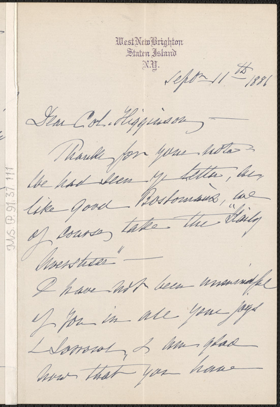 Sarah B. Shaw autograph letter signed to Thomas Wentworth Higginson, West New Brighton, Staten Island, New York, 11 September 1881