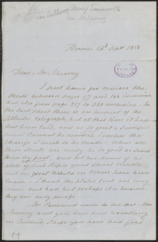 Mary Somerville autograph letter signed to [John?] Murray, Florence, Italy, 14 September 1858