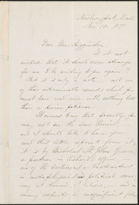 Harriet Elizabeth Prescott Spofford autograph letter signed to Thomas Wentworth Higginson, Newburyport, Mass., 10 November 1871