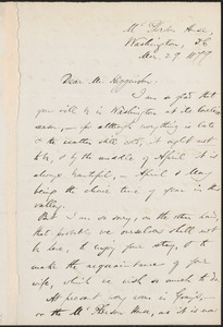 Harriet Elizabeth Prescott Spofford autograph letter signed to Thomas Wentworth Higginson, Washington, D.C., 29 March 1879