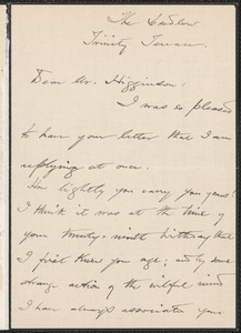 Harriet Elizabeth Prescott Spofford autograph letter signed to Thomas Wentworth Higginson, [New York?]