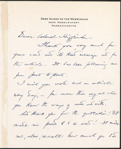 Harriet Elizabeth Prescott Spofford autograph note signed to Thomas Wentworth Higginson, Deer Island, Mass.