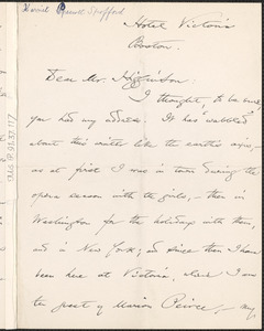 Harriet Elizabeth Prescott Spofford autograph letter signed to Thomas Wentworth Higginson, Boston