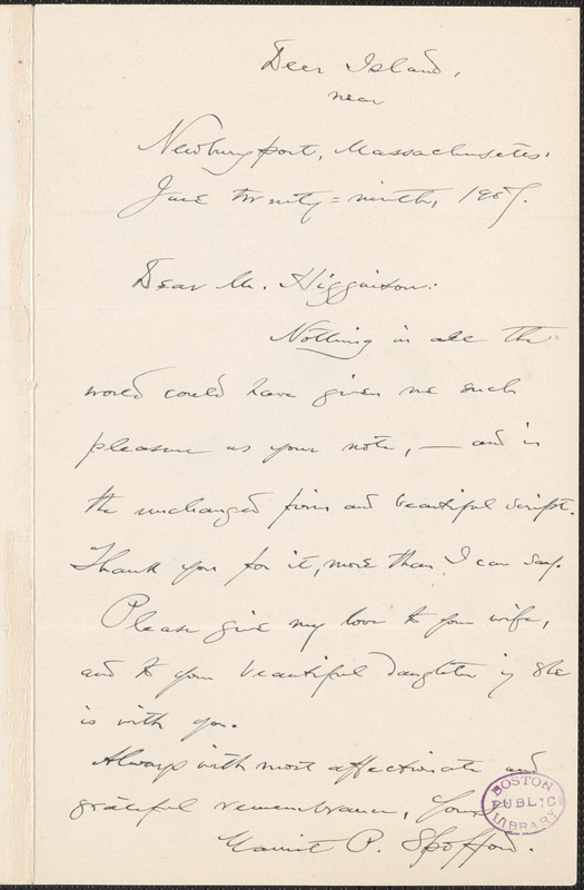 Harriet Elizabeth Prescott Spofford autograph note signed to Thomas Wentworth Higginson, Deer Island, Mass., 29 June 1907
