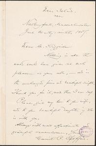Harriet Elizabeth Prescott Spofford autograph note signed to Thomas Wentworth Higginson, Deer Island, Mass., 29 June 1907